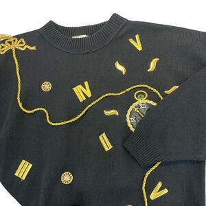 Jaxies New York Womens Black Knit Sweater XL Gold Bow Pocket Watch  Appliqué USA